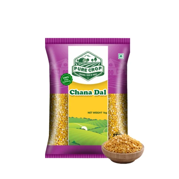 Top-down view of golden yellow Pure Crop Chana Dal in a ceramic bowl.