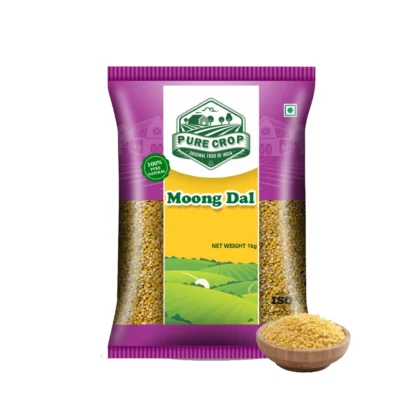 A vibrant mound of soft yellow Pure Crop Moong Dal in a bowl.