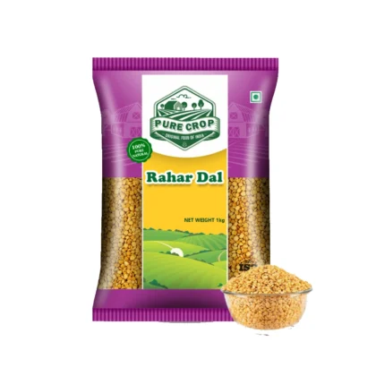 A vibrant heap of Pure Crop golden yellow Rahar Dal (Toor Dal).