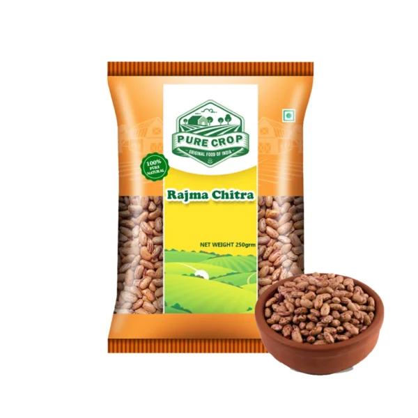 A scattering of speckled, light beige Pure Crop Rajma Chitra beans.