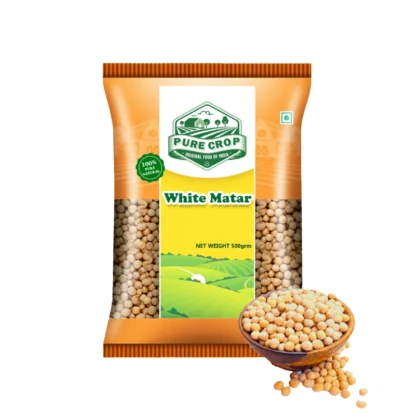 A close-up of smooth, pale Pure Crop White Matar (dried white peas).