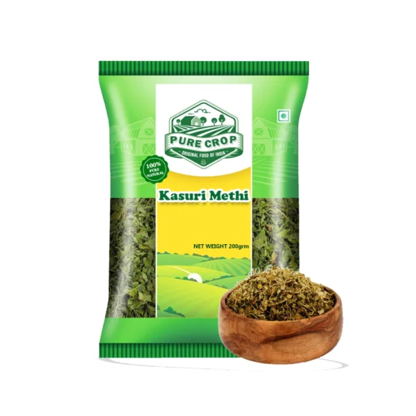 Crushed, olive-green Pure Crop Kasuri Methi (Dried Fenugreek Leaves).
