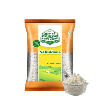 A close-up of small, white, spherical Pure Crop Nakul Dana sugar drops.