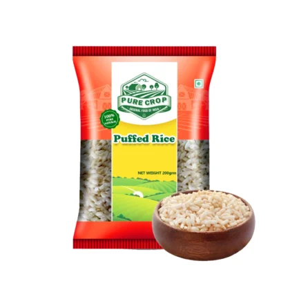 A large pile of white, airy, popped grains of Pure Crop Puffed Rice.