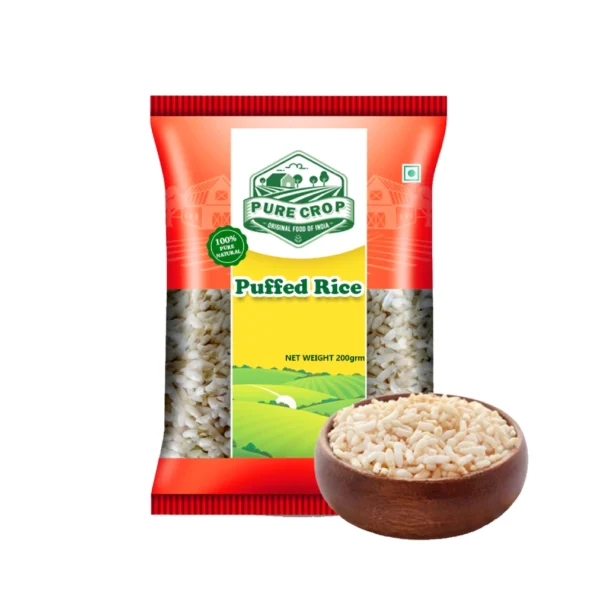 A large pile of white, airy, popped grains of Pure Crop Puffed Rice.