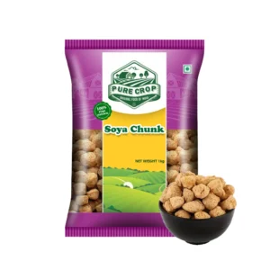 Dry, light brown, porous Pure Crop Soya Chunks (Soyabean Nuggets).