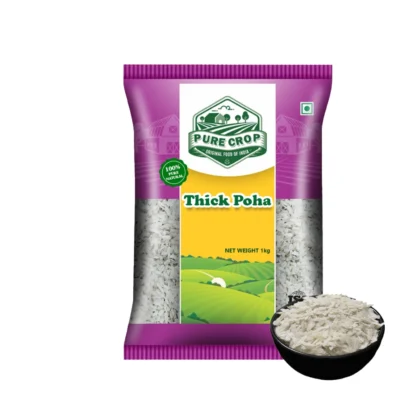 A close-up of light, thick, irregular flakes of Pure Crop Poha.