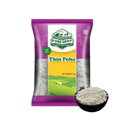 A scattering of small, paper-thin, white flakes of Pure Crop Thin Poha.